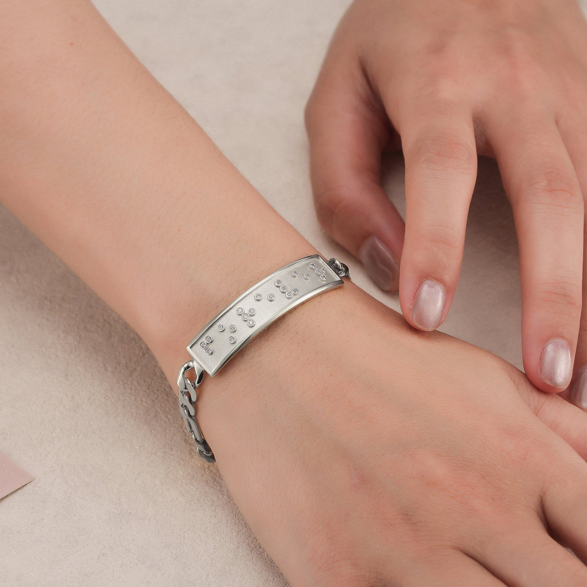 Touchstone 'Forever' Braille Crystals ID Link Bracelet in Silver on Model