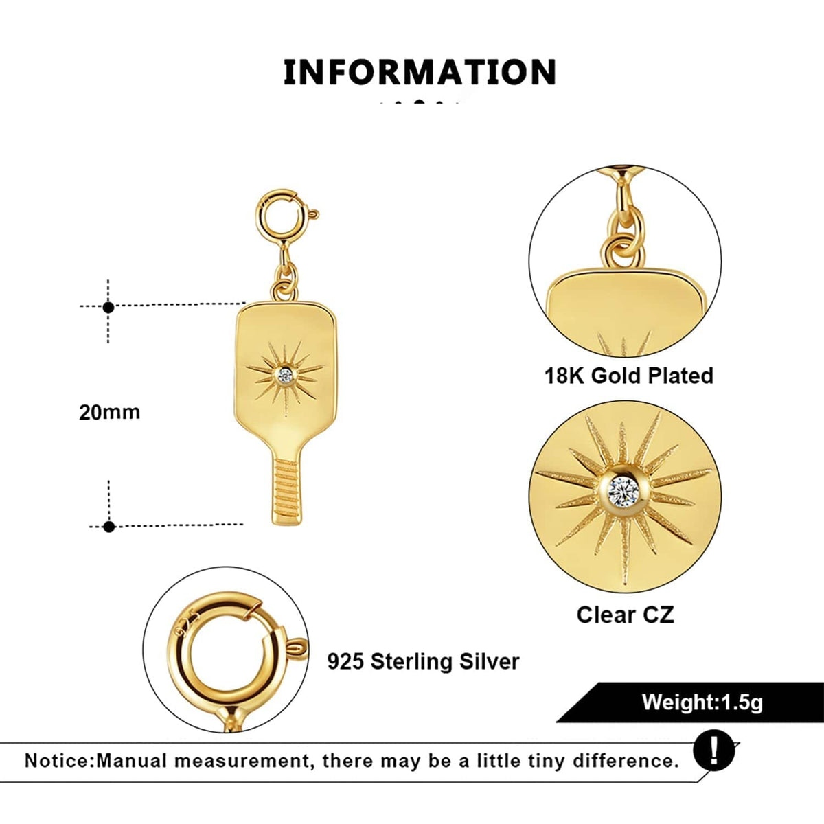 Pickleball Dainty Paddle Charm Gold Specs