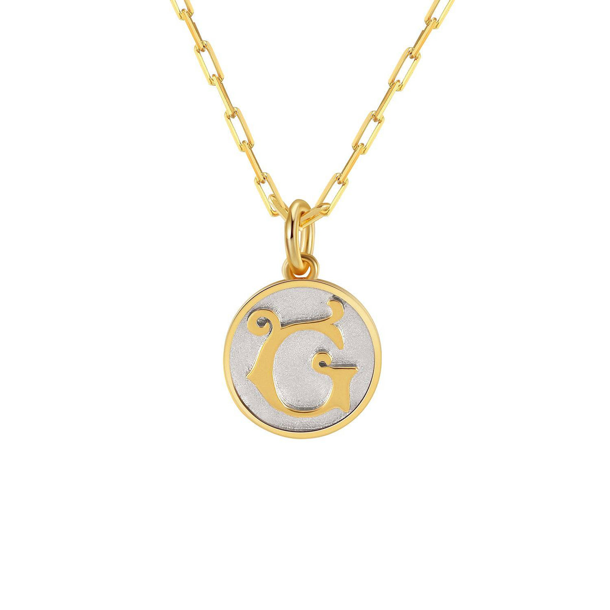Saints and Saviors Dainty Fancy Initial Pendant Necklace gold letter G on small silver disc