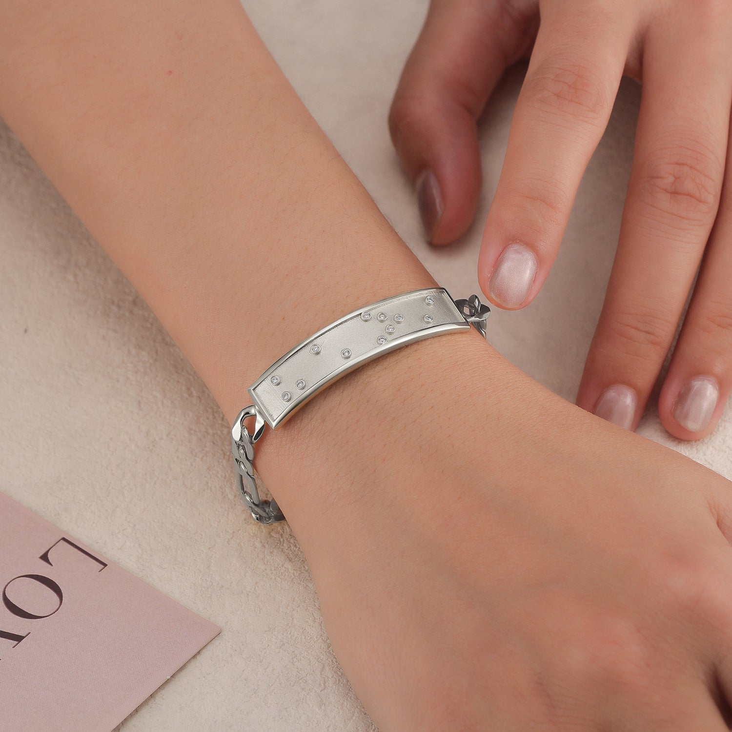 Touchstone 'HE>i' ID Link Bracelet in Silver with Braille Crystals on Model