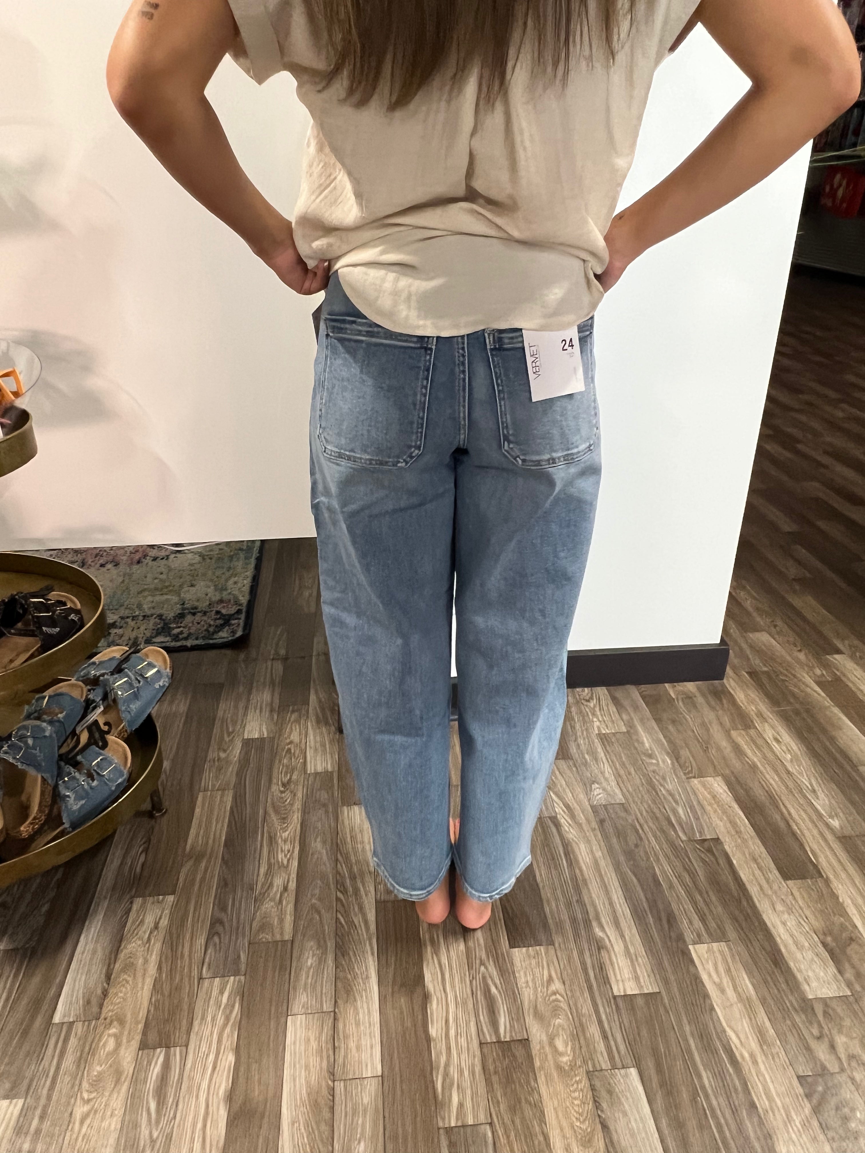 Vervet High Rise Elastic Waistband Wide Barrel Jeans - Athena's Fashion Boutique