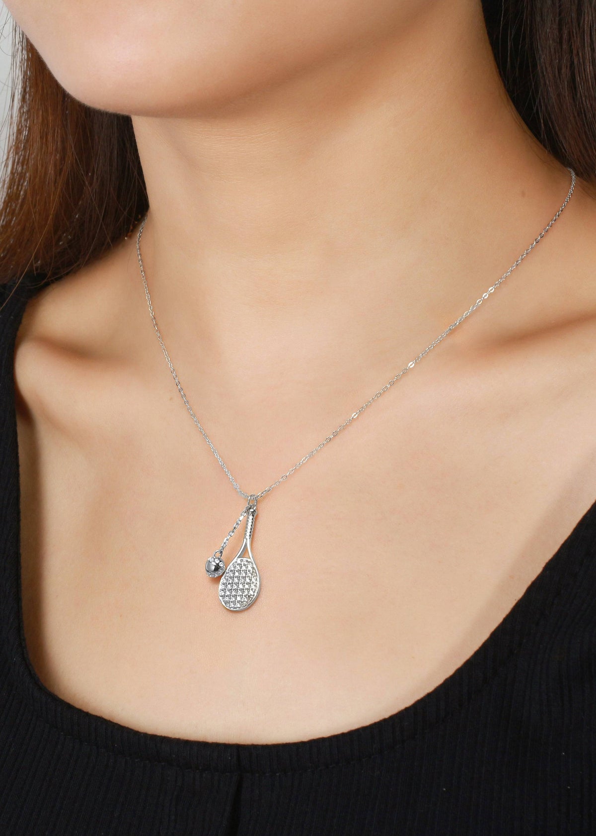 LoveMatch Tennis LOVE Bling Dainty Chain Silver Necklace on model