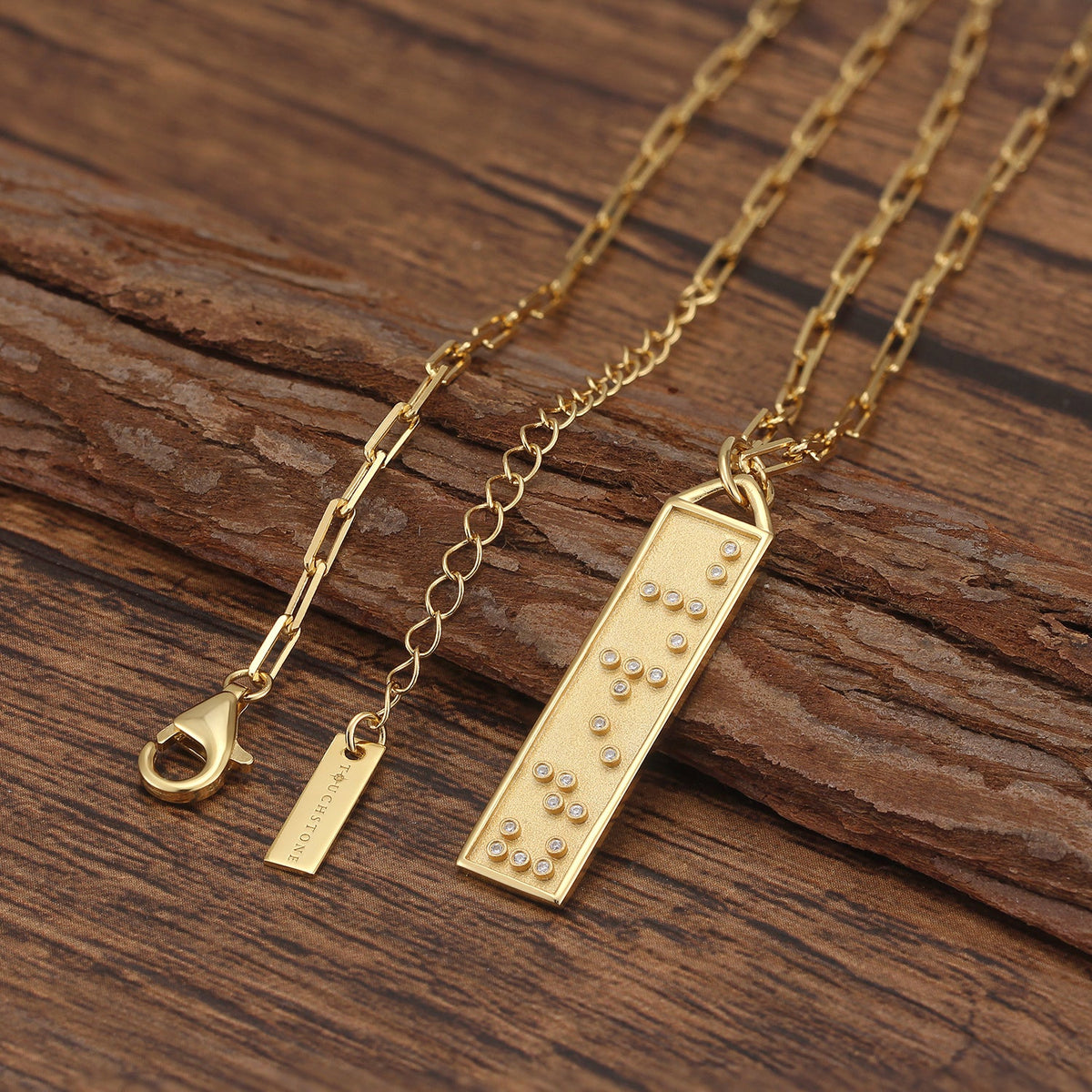Touchstone Clarity in Braille Crystals on Bar Necklace Gold