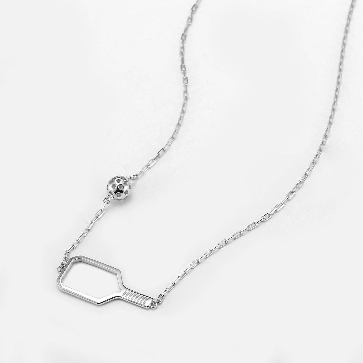 Pickleball Playset Silver Open Racquet and Ball Necklace