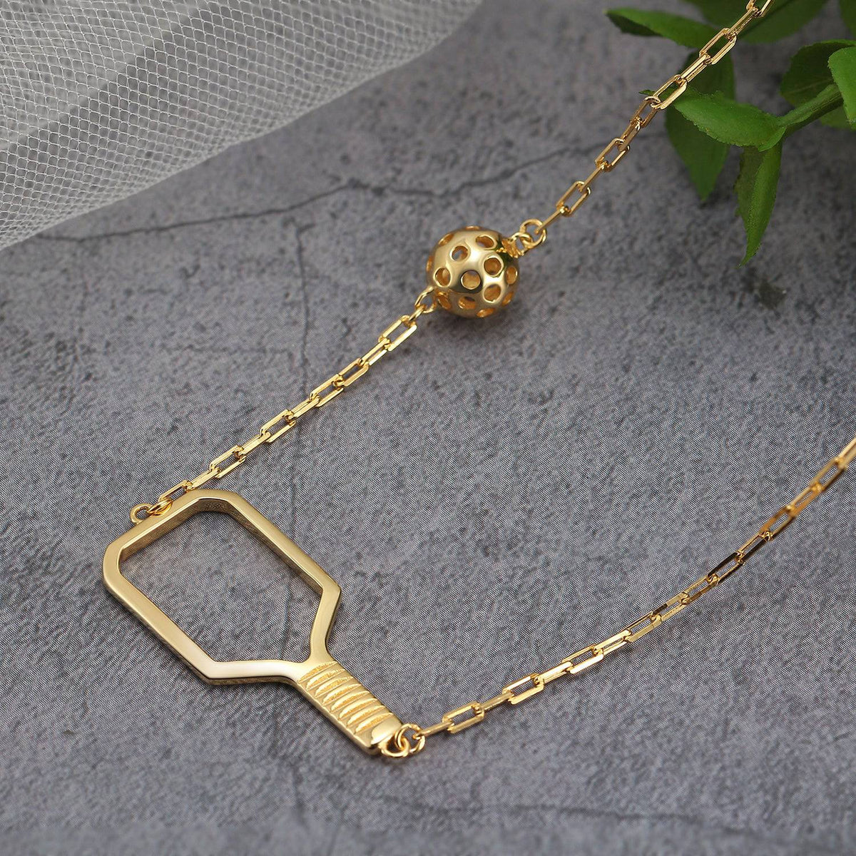 Pickleball Playset Open Racquet and Ball Gold Necklace
