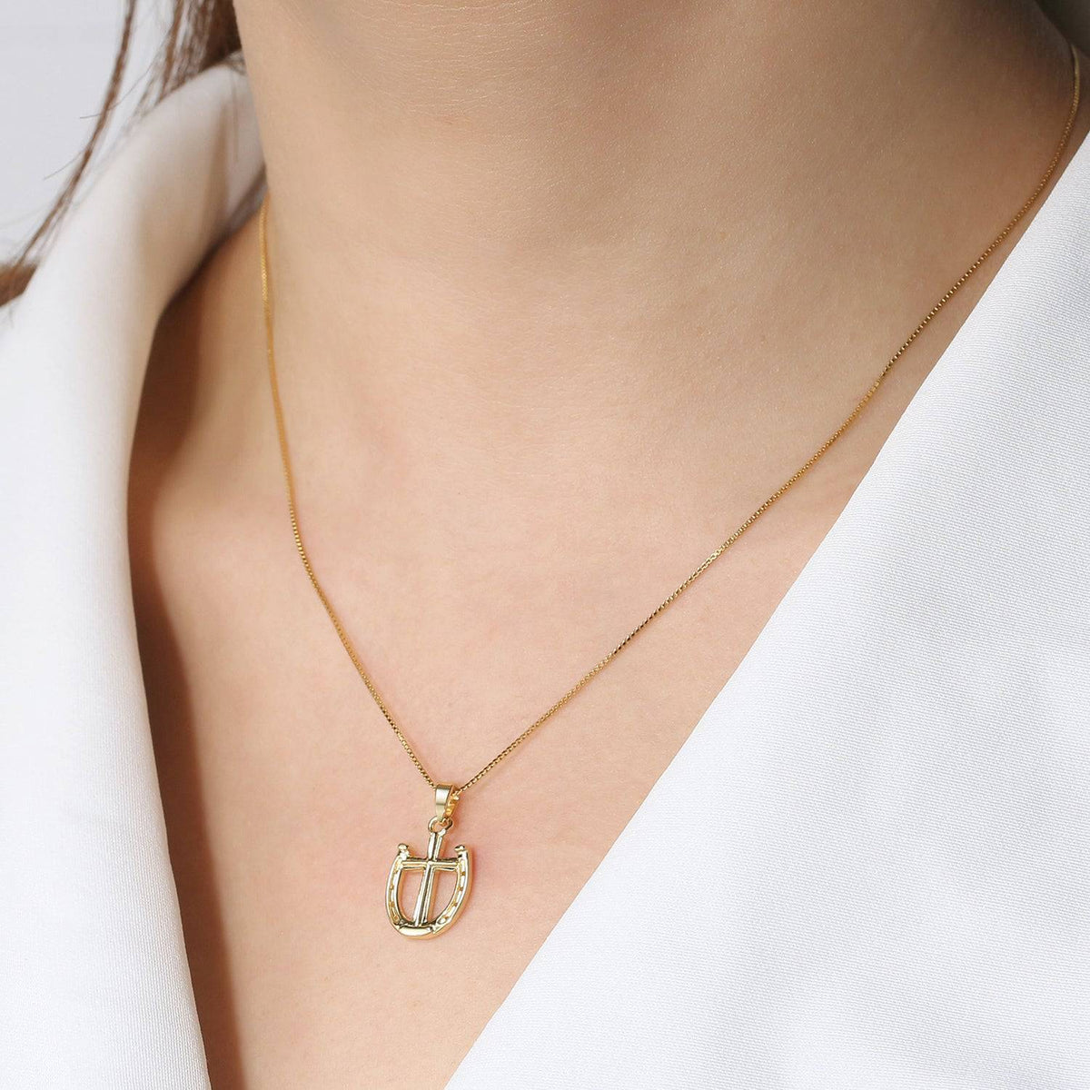 FINE Jewelry Rider's Prayer Solid Gold 14K Mini Horseshoe with Cross Necklace on Model