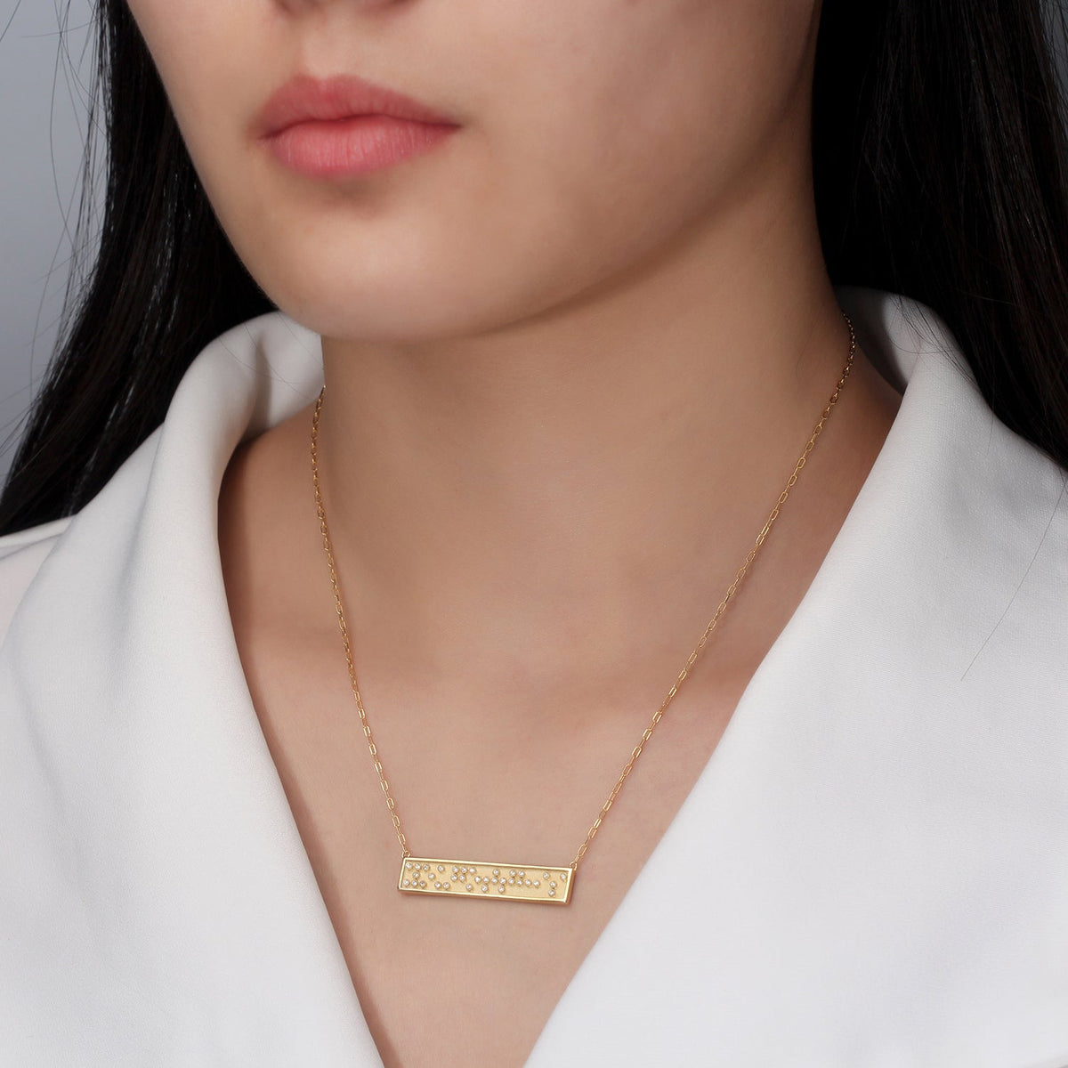 Touchstone You Got This Mini-Bar Necklace with Braille Crystal Gold on model