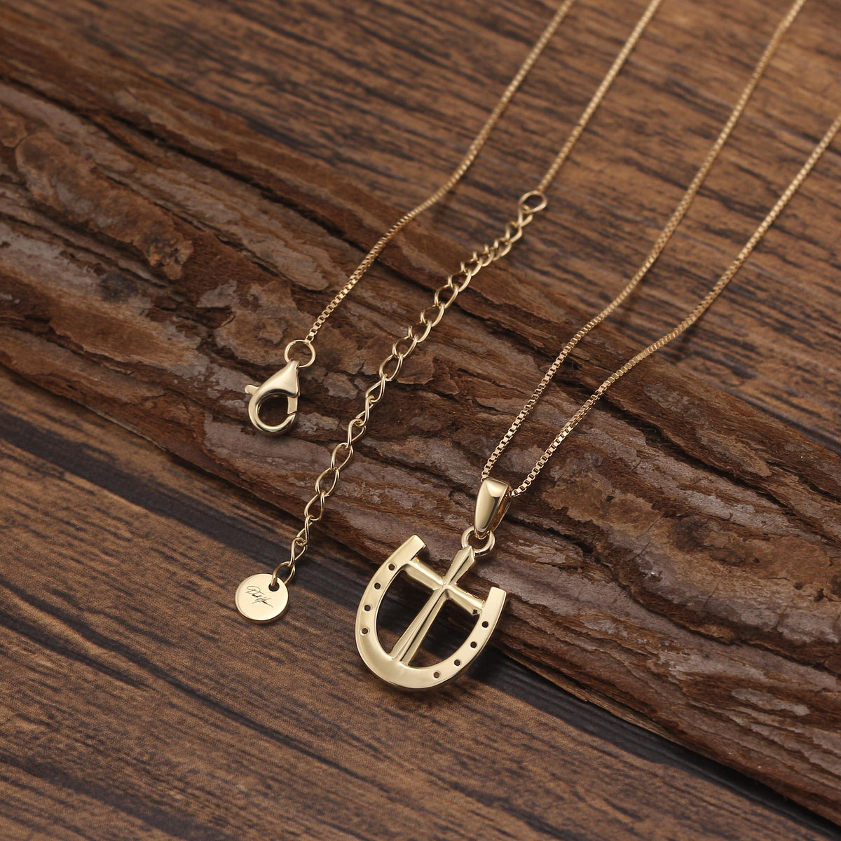 FINE Rider's Prayer Solid Gold 14K Mini Necklace Horseshoe with Cross