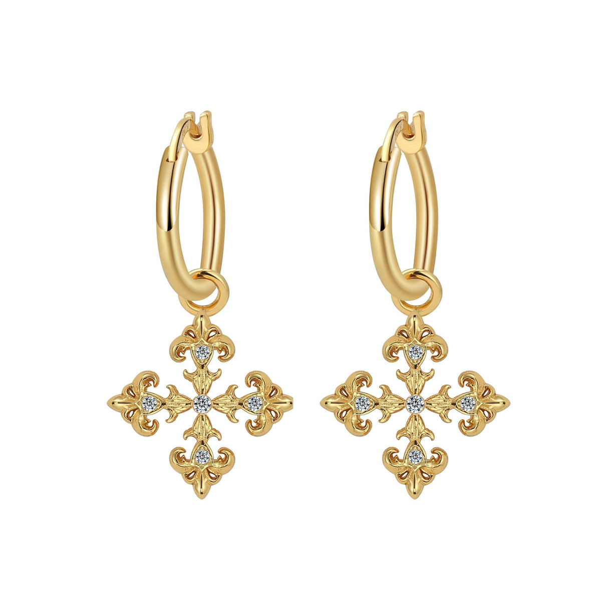 Saints and Saviors Gold Fleur De Lis Cross Hoop Earrings