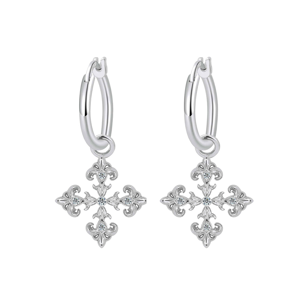 Saints and Saviors Fleur De Lis Silver Cross on Hoop Earrings