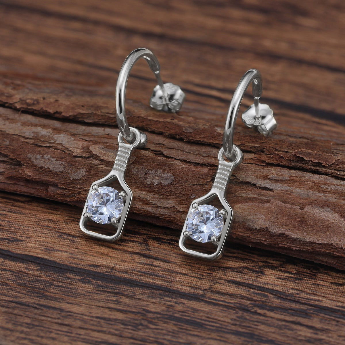 Pickleball Sparkle Paddle Hoop Earrings Silver with Large Crystal
