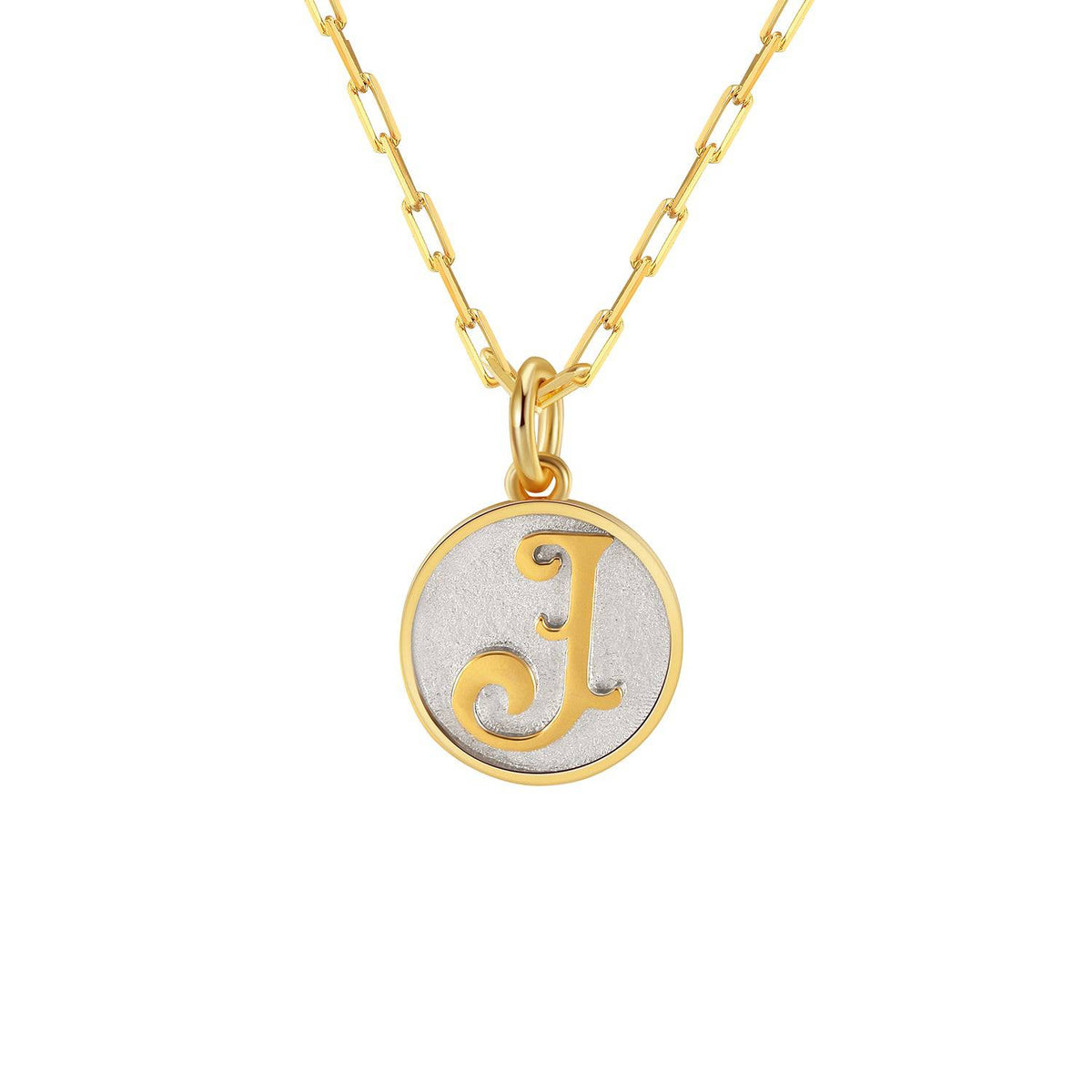 Saints and Saviors Dainty Fancy Initial Pendant Necklace gold letter J on small silver disc