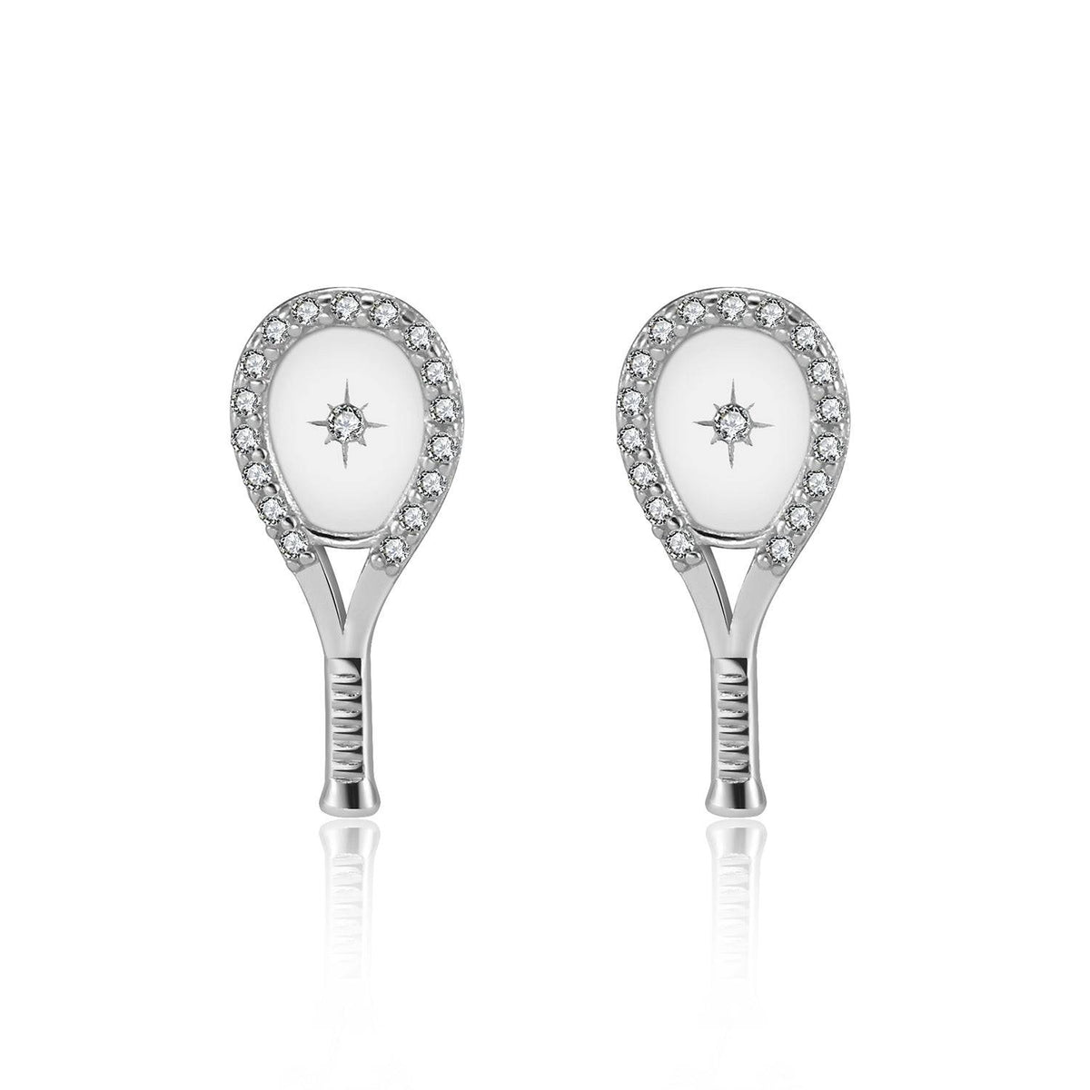 LoveMatch Tennis Racquet Bling Stud Earrings Silver with Crystals