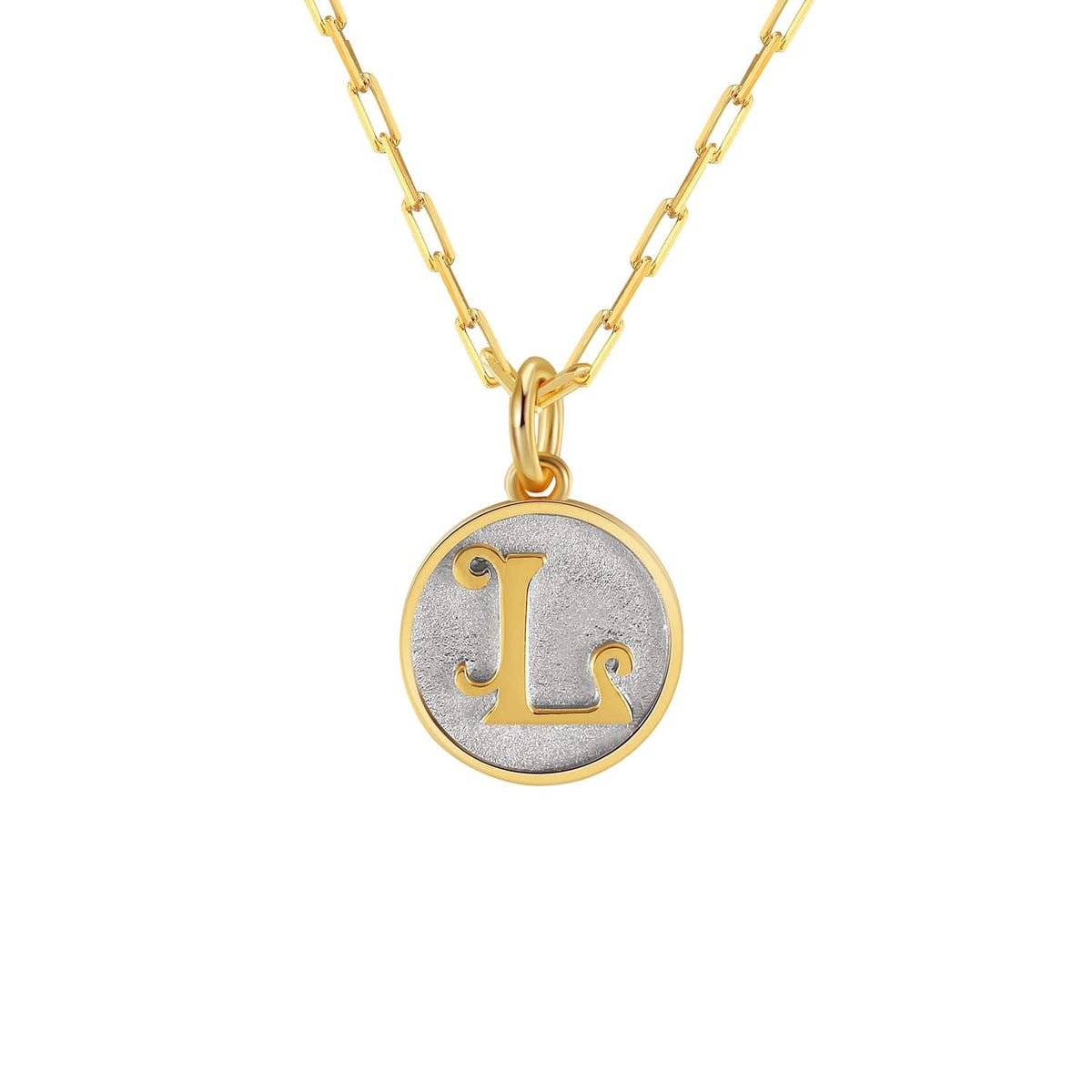 Saints and Saviors Dainty Fancy Initial Pendant Necklace gold letter L on small silver disc