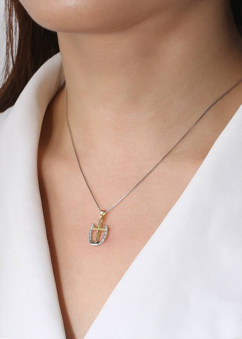 Saints and Saviors Rider's Prayer Mini G/S Necklace Silver chain on model