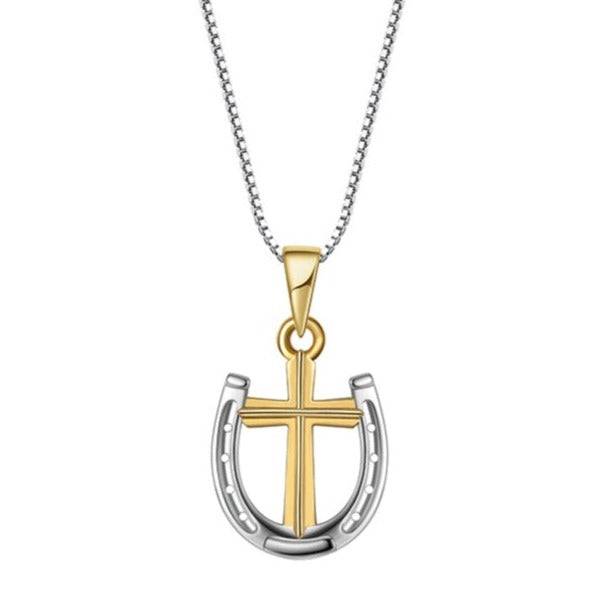 Saints and Saviors Rider's Prayer Mini G/S two-tone Horseshoe and Cross Necklace on Silver chain