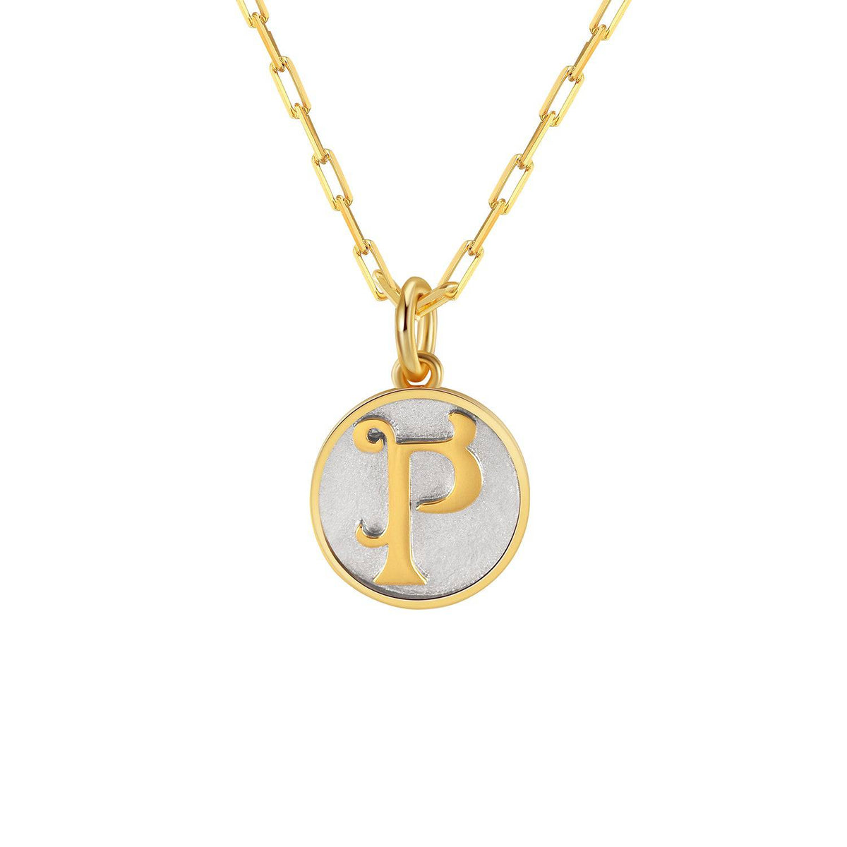 Saints and Saviors Dainty Fancy Initial Pendant Necklace gold letter P on small silver disc