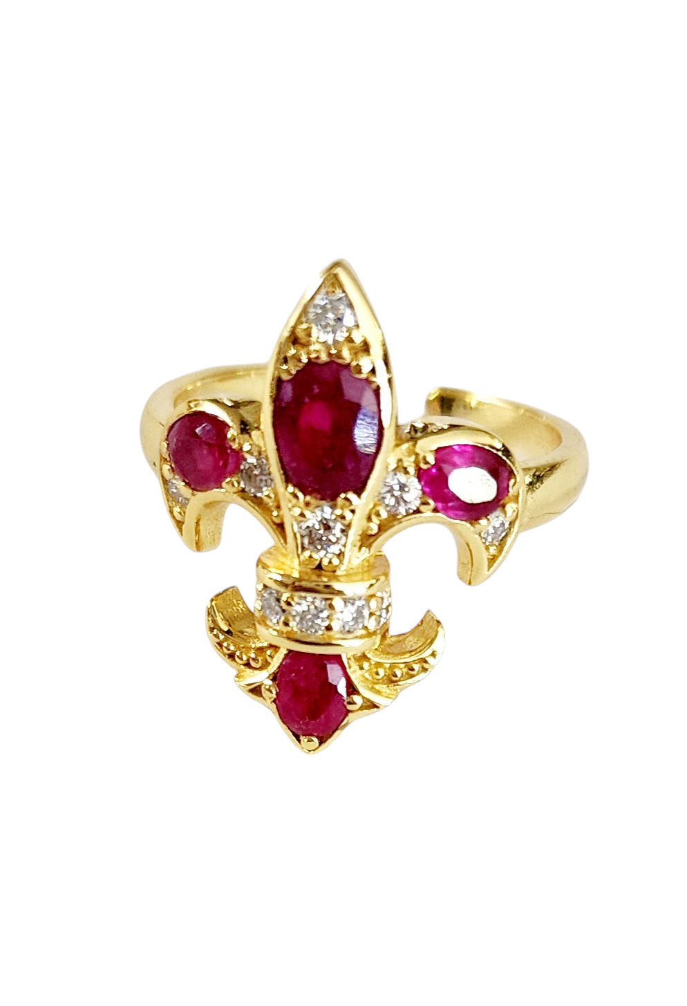 Saints & Saviors Gold Fleur De Lis RUBY Ring with Diamonds