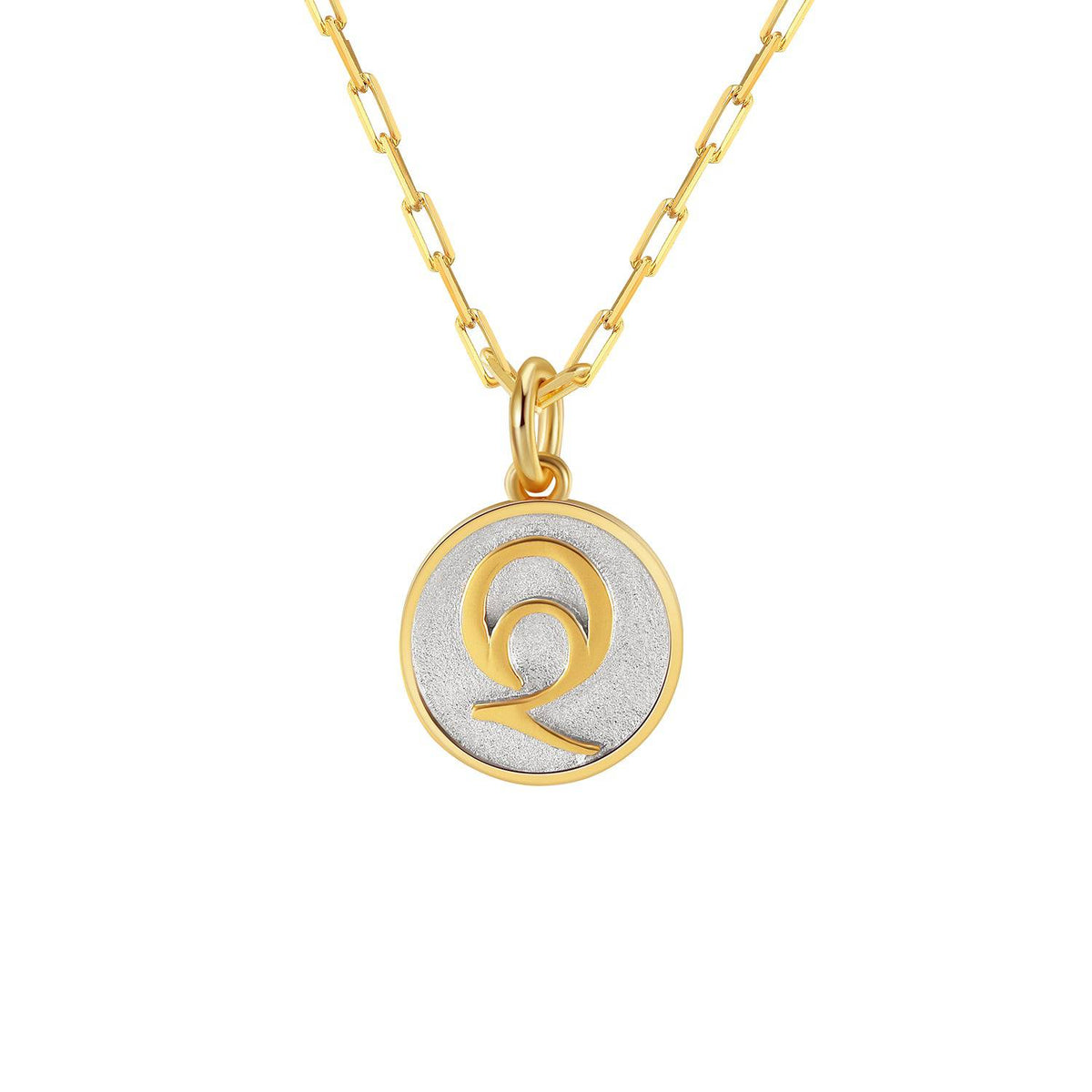 Saints and Saviors Dainty Fancy Initial Pendant Necklace gold letter Q on small silver disc