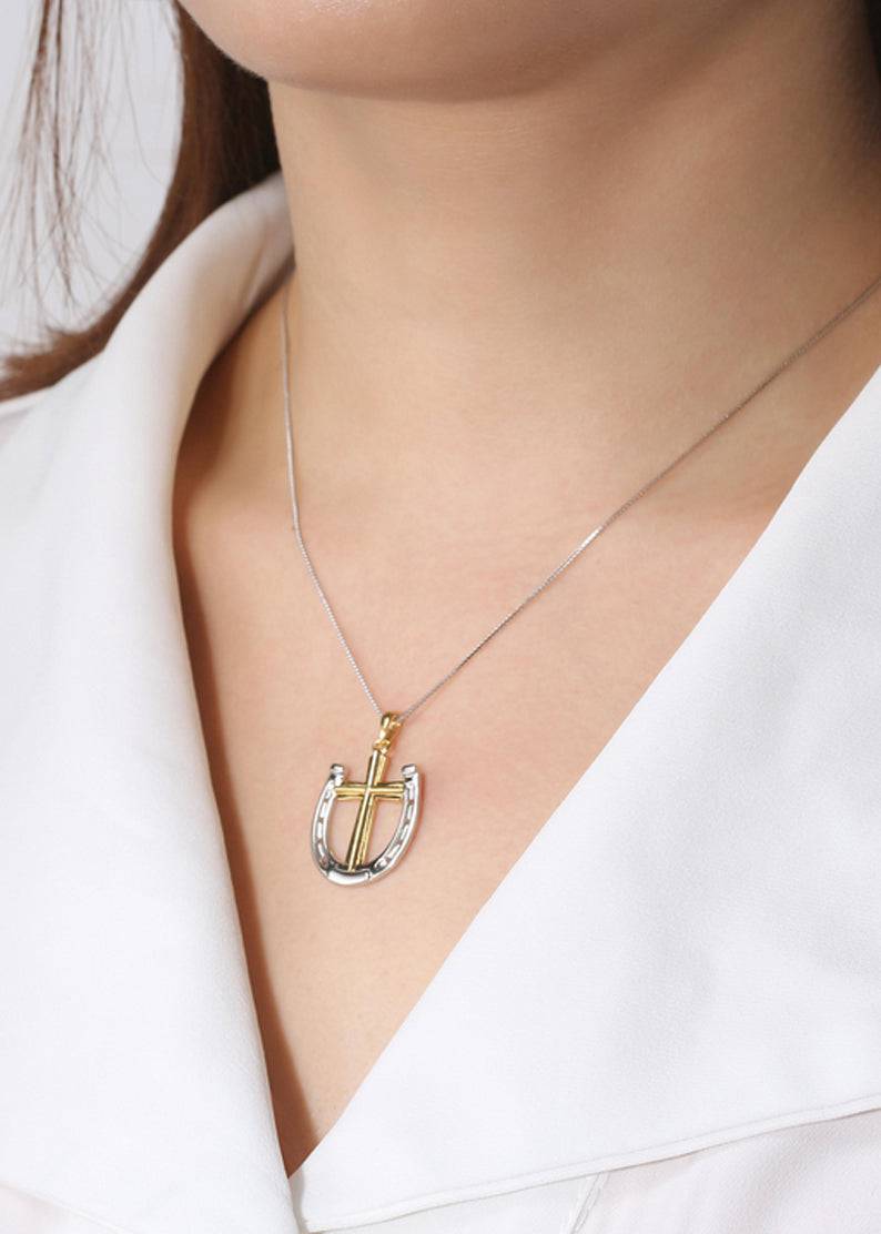 Saints and Saviors Rider's Prayer Two-Tone Necklace on Silver Chain on model