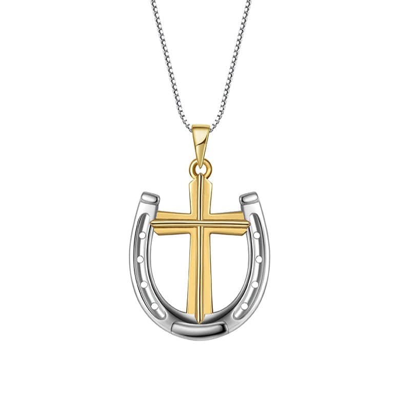 Saints and Saviors Rider's Prayer Two-Tone Cross in Horseshoe Necklace on Silver Chain