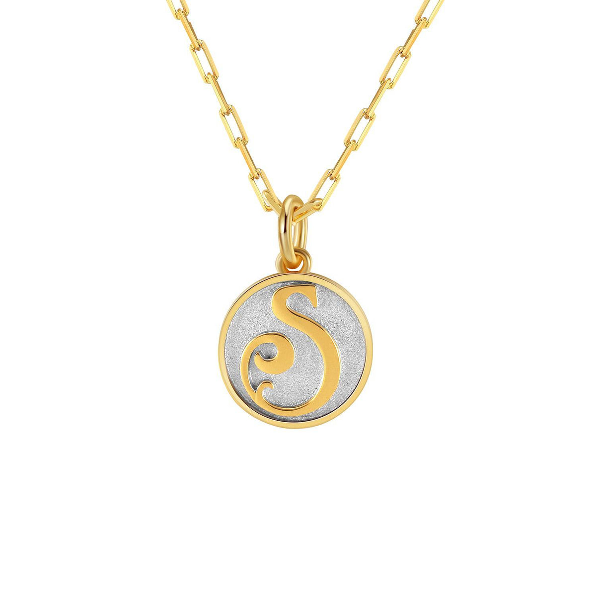Saints and Saviors Dainty Fancy Initial Pendant Necklace gold letter S on small silver disc