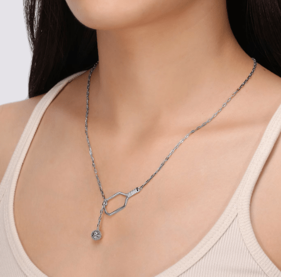 Pickleball Lariat Silver Paddle & Ball Necklace on model