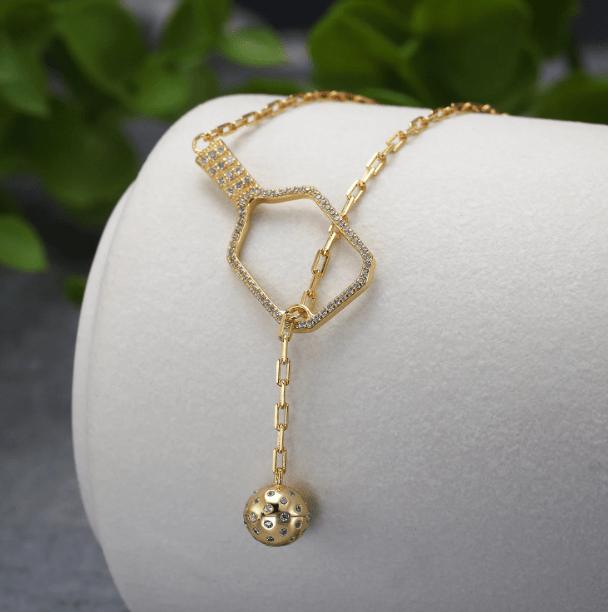 Pickleball Lariat PLUS Gold Paddle and Ball Necklace with Crystals