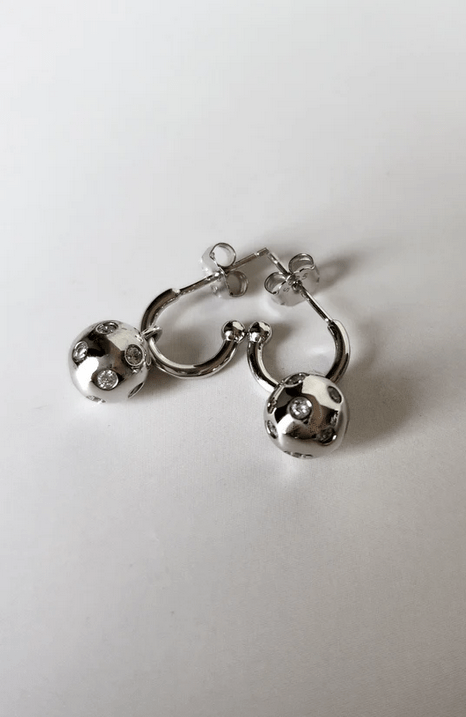 Pickleball Huggie Hoop Silver Earrings with Crystals
