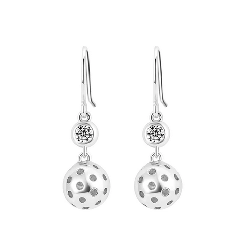 Pickleball Ball Drop Silver Earrings with Crystal