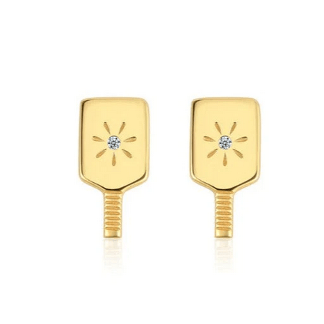 Pickleball Paddle Stud Earrings Gold on white background