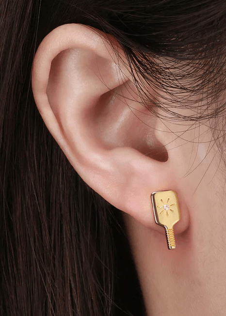 Pickleball Paddle Stud Earrings Gold on Model
