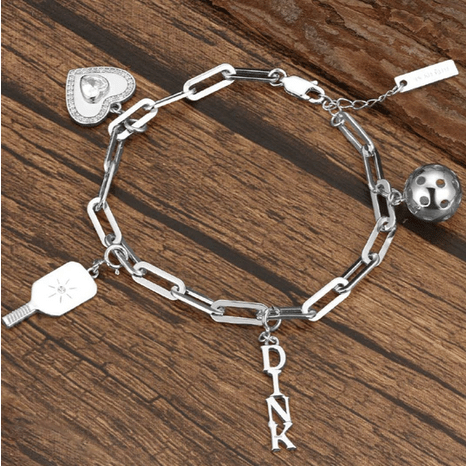 Pickleball Pickle Me Charmed Bracelet with "Dink" Paddle Ball and Heart Charms Silver