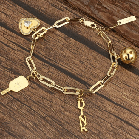 Pickleball Pickle Me Charmed with Paddle, "DINK", Ball and Heart Charms Bracelet Gold