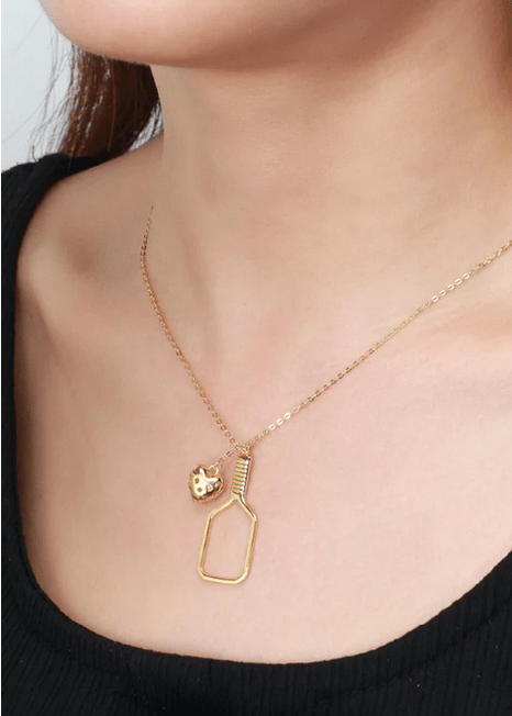 Pickleball Heart in Paddle Necklace Gold on Model