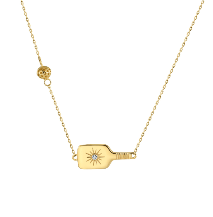 Pickleball Dinker FINE Necklace Solid 14k Gold Paddle and Ball with Diamond