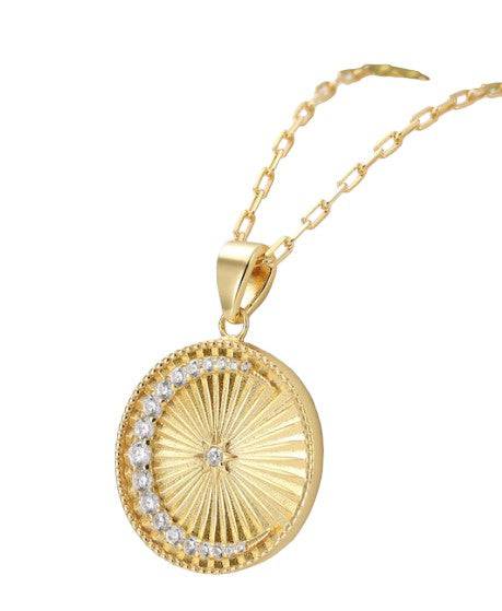 Saints and Saviors Over The Moon Pendant Necklace Clear Crystals Moon over Gold Sun