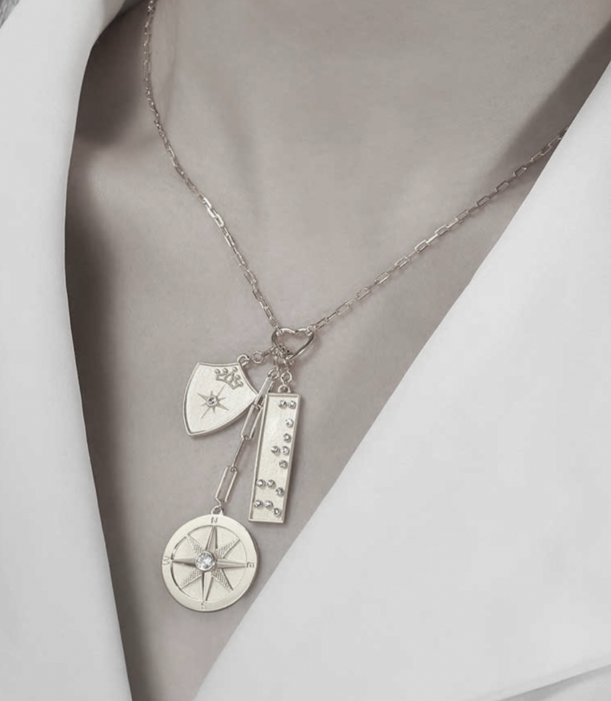 Saints Protected Wanderer Three Charm Necklace in Silver on Model