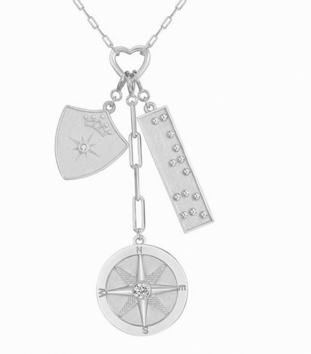 Protected Wanderer Three Charm Necklace with Compass Charm, Shield Charm and Braille Badass Bar Charm in Silver