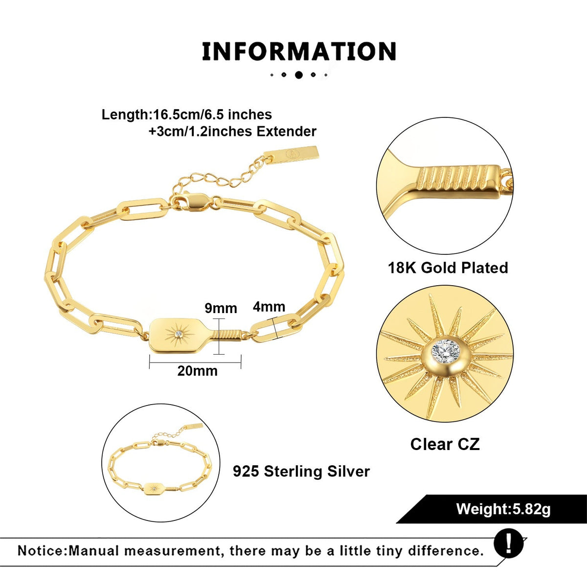 Gold bracelet with detailed specifications on a white background