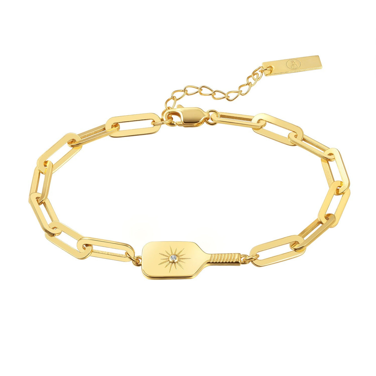 Gold bracelet with a unique pickleball paddle design on a white background