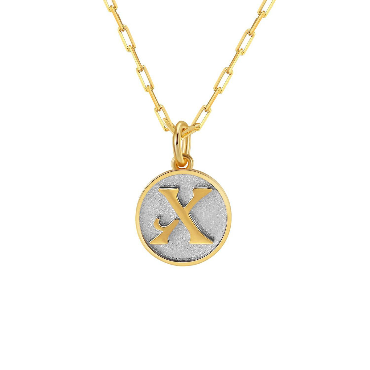 Saints and Saviors Dainty Fancy Initial Pendant Necklace gold letter X on small silver disc