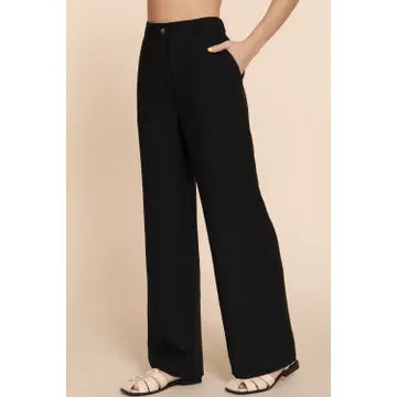 Black Straight Woven Linen Effect Long Pants