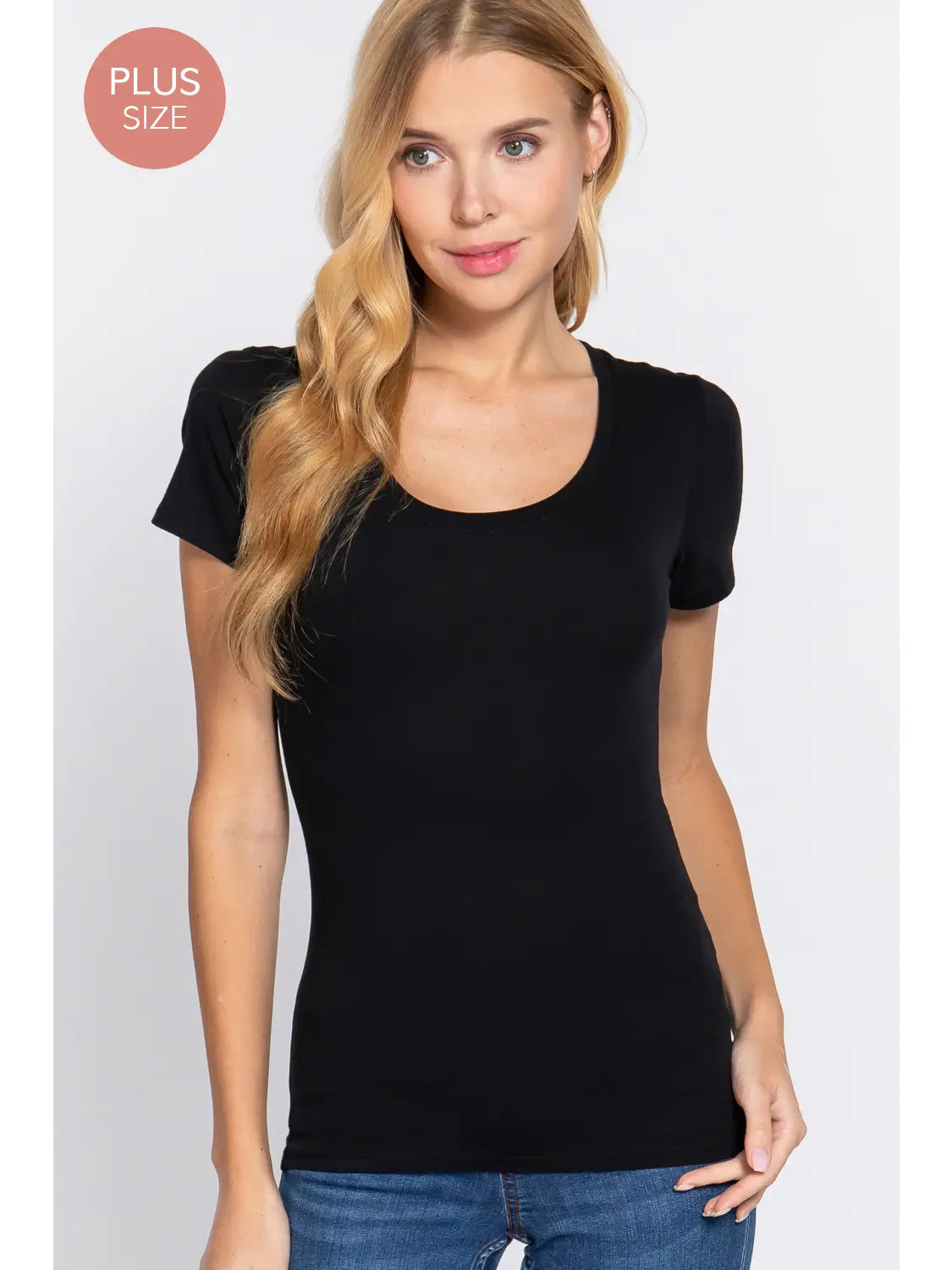 Plus Black Short Sleeve Cotton Jersey Scoop Neck TShirt - Athena's Fashion Boutique