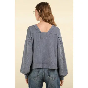 Blue Two Tone Otto Ribbed Oversized Soft Comfy Knit Top - Athena's Fashion Boutique