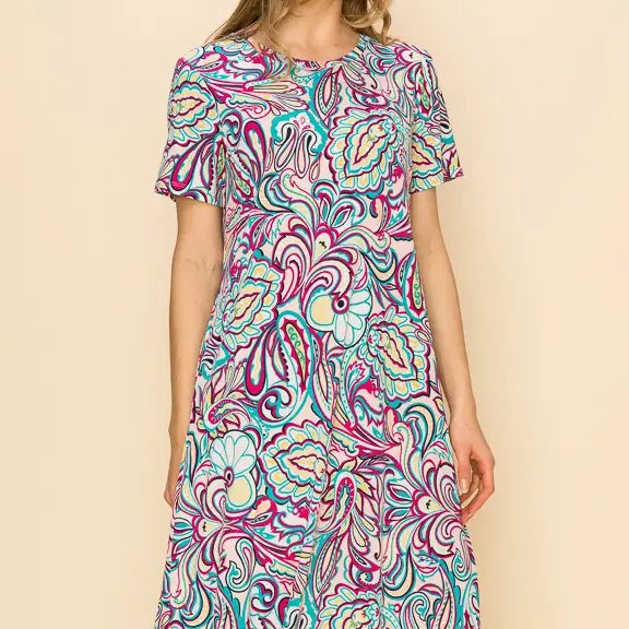 Women's Paisley Short Sleeve Midi Dress with Pockets