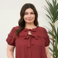 Brick Scallop Trim Front Tie Detail Puff Sleeve Top