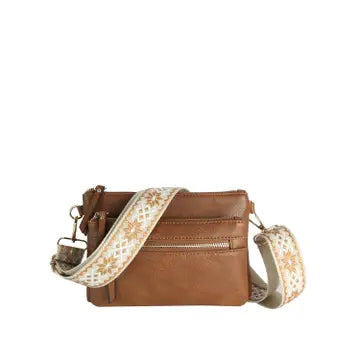 Brown Multi Zip Pocket Crossbody with Guitar Strap