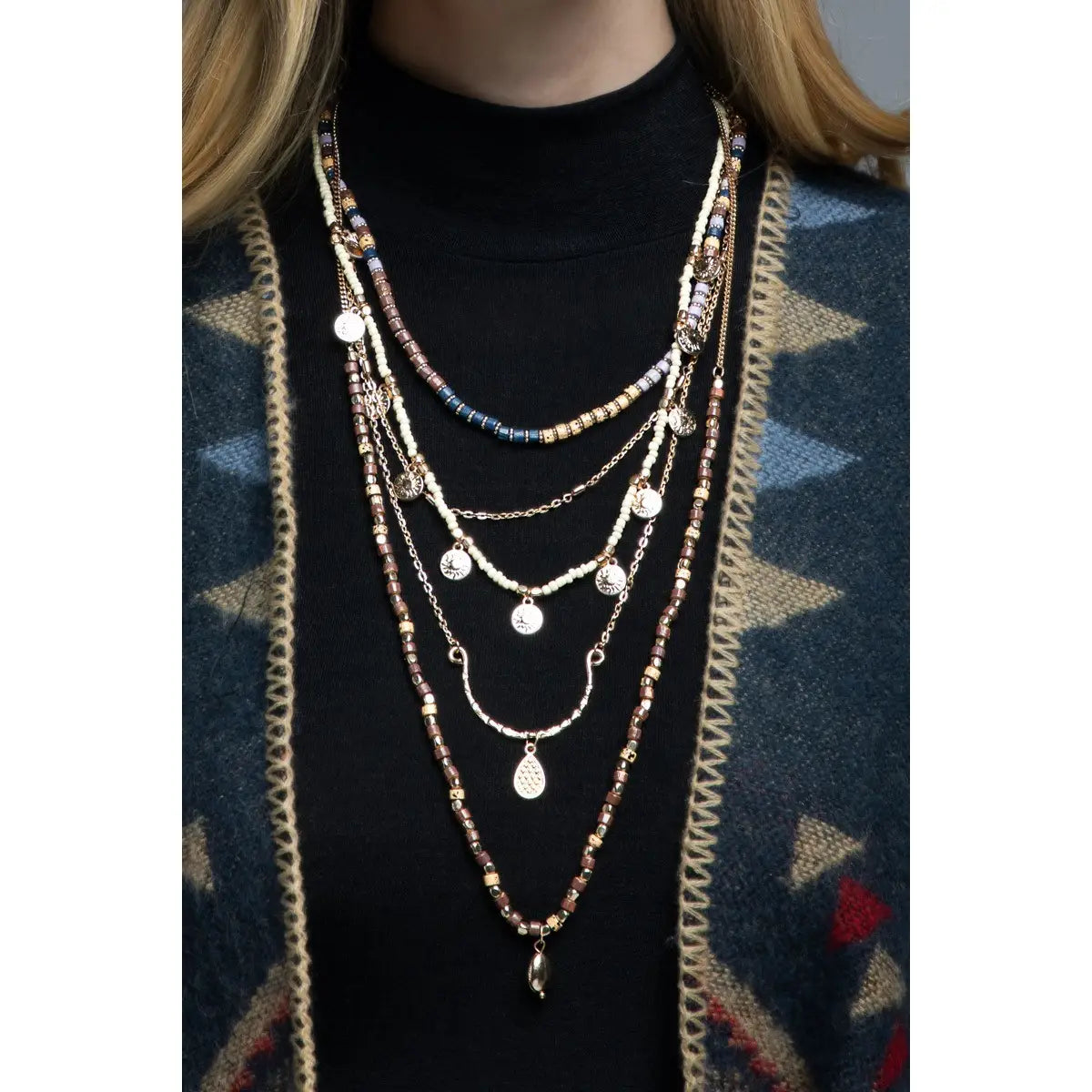 Glass Bead and Metal Charms Multi 5 Strand Necklace - Athena's Fashion Boutique