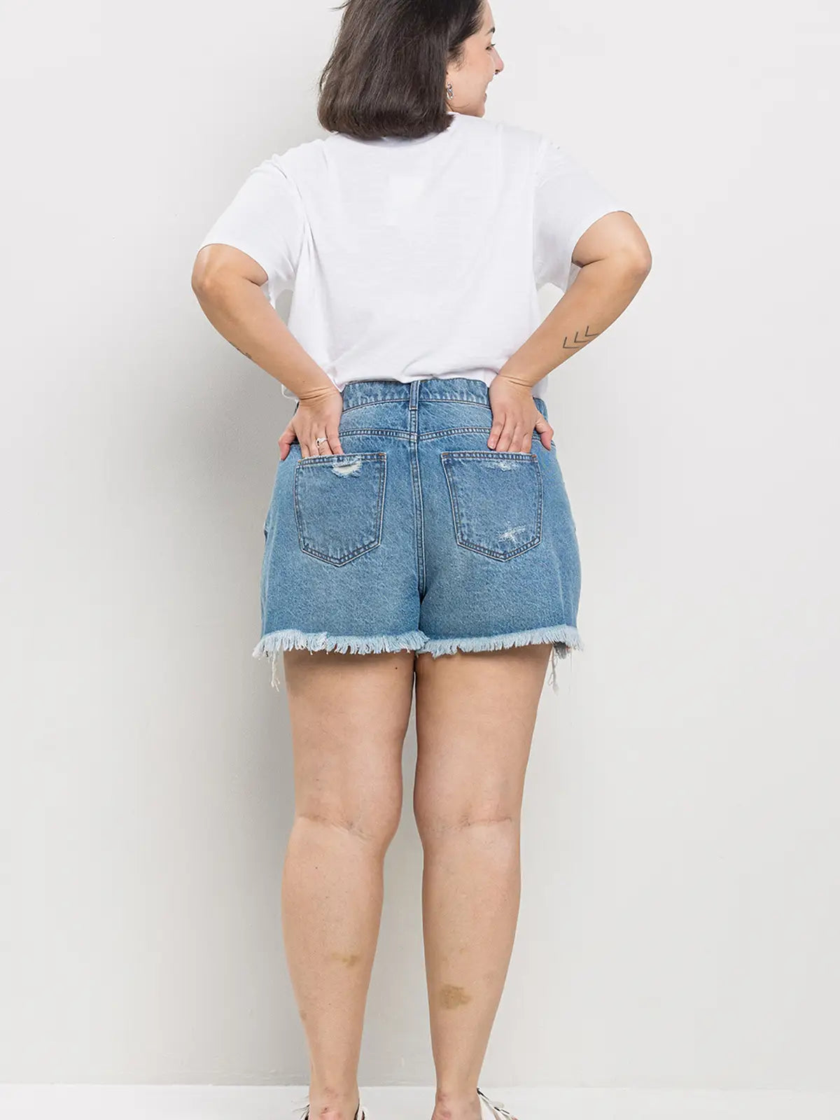 High Rise Plus Distress Denim Shorts